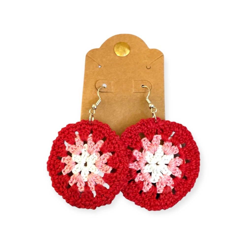 Hand Crafted Red and White Crochet Earrings